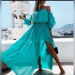Cupshe Sexy Boho Off shoulder‎ Beach Style ruffles split Turquoise M RefCPS046-3